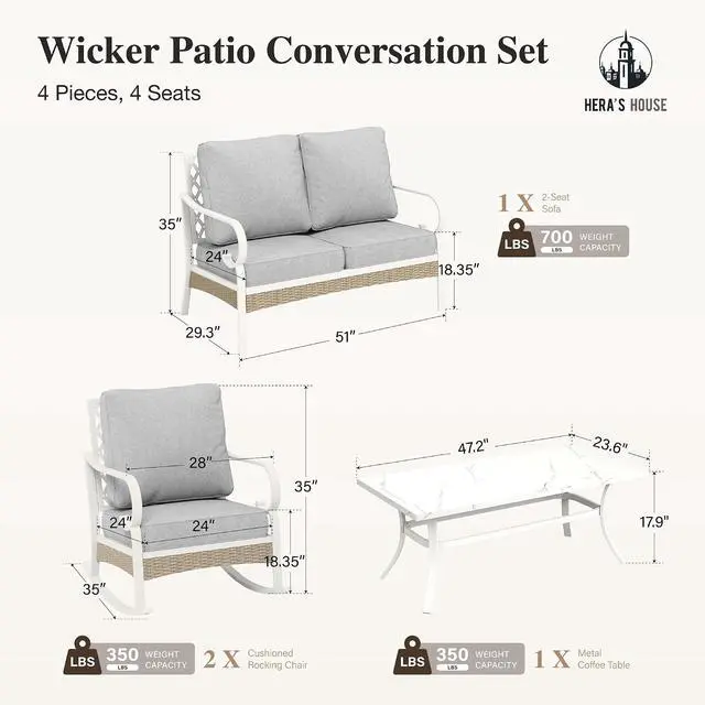 Alt view image 7 of 7 - HERA'S HOUSE 4-Piece Rattan Metal Outdoor Conversation Set, 4 Seats | White/Light Gray, Coffee Table, Single chairs could support up to 350lbs