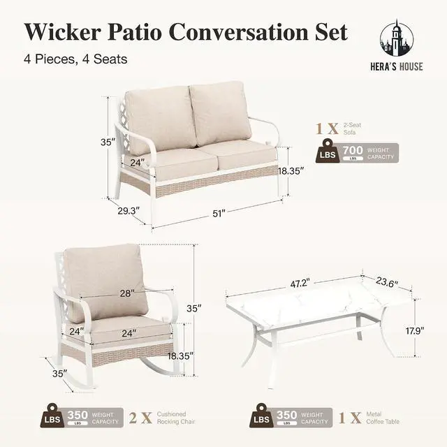 Alt view image 7 of 7 - HERA'S HOUSE 4-Piece Rattan Metal Outdoor Conversation Set, 4 Seats | White/beige, Coffee Table, Single chairs could support up to 350lbs