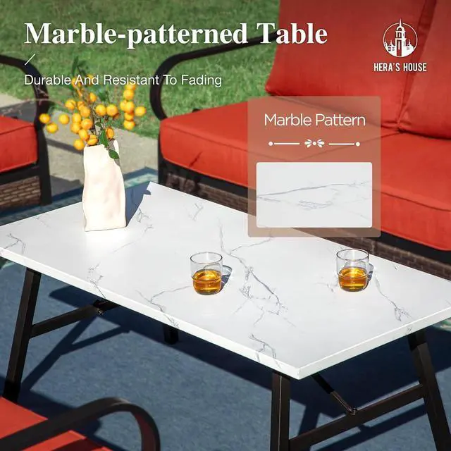 Alt view image 6 of 7 - HERA'S HOUSE 4 Piece Metal Patio Furniture Set, All Weather Outdoor Conversation Set with 3 Seat Sofa, 2 Rocking Chairs & Coffee Table, Seats 5 for Backyard, Garden, Deck, Red