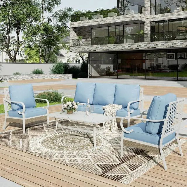 Main image of HERA'S HOUSE 4-Piece Metal Outdoor Conversation Set, 5 Seats, White/Blue | Coffee Table, Single chairs could support up to 350lbs