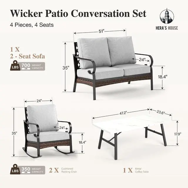 Alt view image 7 of 7 - HERA'S HOUSE 4-Piece Metal Outdoor Conversation Set, 4 Seats | Black/Light Gray, Coffee Table, Single chairs could support up to 350lbs