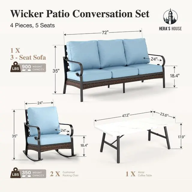 Alt view image 7 of 7 - HERA'S HOUSE 4 Piece Metal Patio Furniture Set, All Weather Outdoor Conversation Set with 3 Seat Sofa, 2 Rocking Chairs & Coffee Table, Seats 5 for Backyard, Garden, Deck, Blue