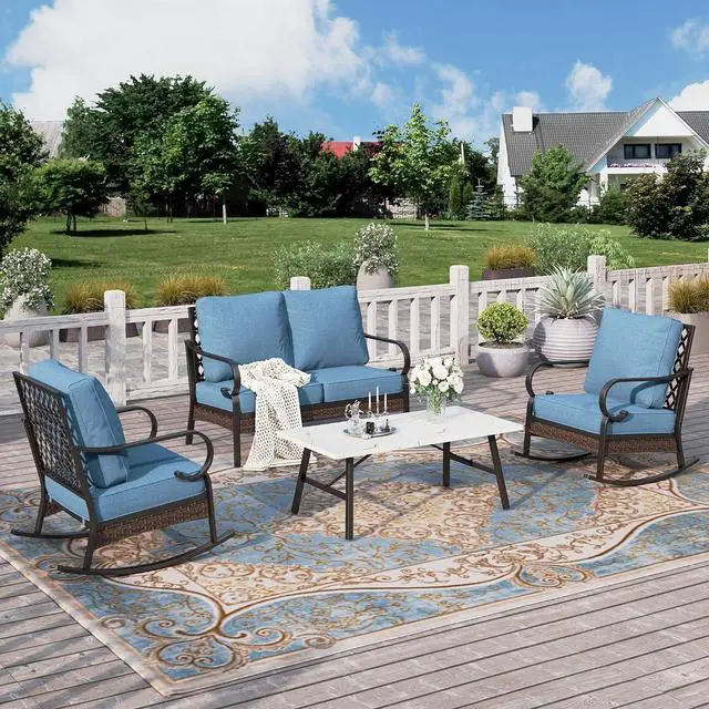 Main image of HERA'S HOUSE 4-Piece Metal Outdoor Conversation Set, 4 Seats | Black/Navy Blue, Coffee Table, Single chairs could support up to 350lbs