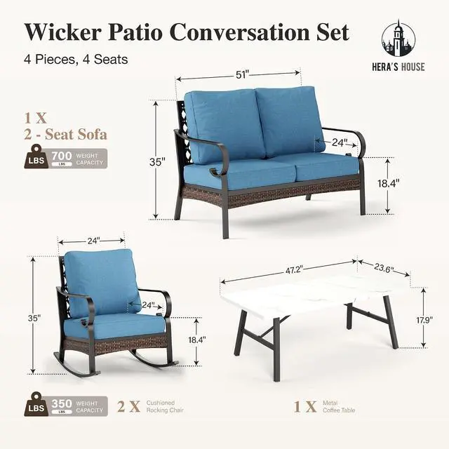 Alt view image 7 of 7 - HERA'S HOUSE 4-Piece Metal Outdoor Conversation Set, 4 Seats | Black/Navy Blue, Coffee Table, Single chairs could support up to 350lbs