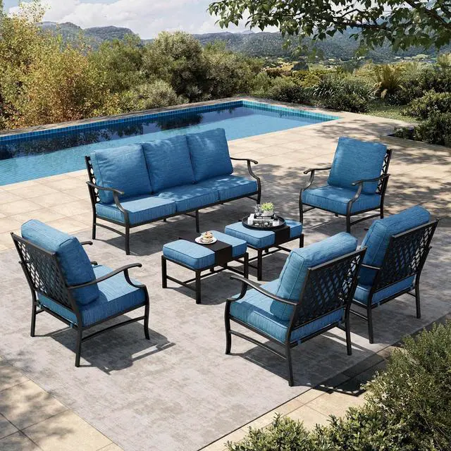 Main image of HERA'S HOUSE 7-Piece Metal Patio Conversation Set, 9-Seat, Blue | 4 Chairs, 2 Ottomans, 1 3-Seat Sofa, Ottomans, All-Weather, For Garden, Deck, Backyard