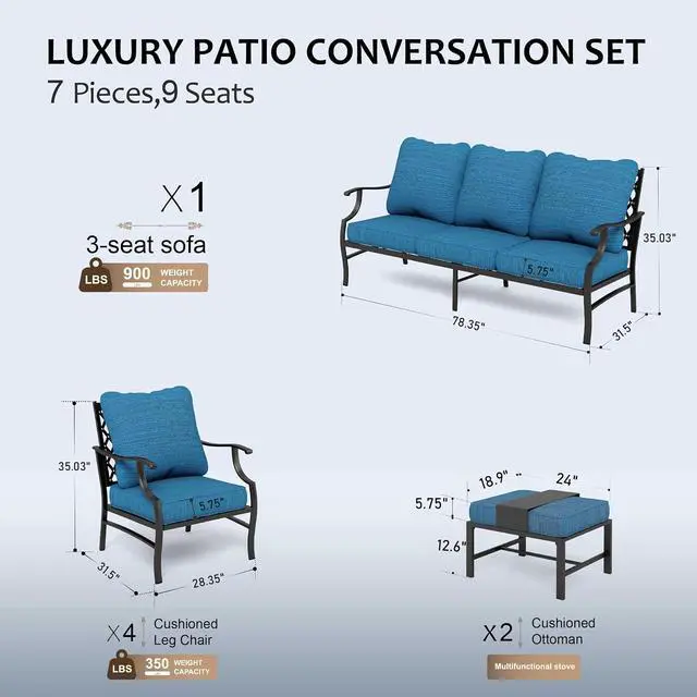 Alt view image 6 of 7 - HERA'S HOUSE 7-Piece Metal Patio Conversation Set, 9-Seat, Blue | 4 Chairs, 2 Ottomans, 1 3-Seat Sofa, Ottomans, All-Weather, For Garden, Deck, Backyard