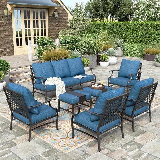 Alt view image 7 of 7 - HERA'S HOUSE 7-Piece Metal Patio Conversation Set, 9-Seat, Blue | 4 Chairs, 2 Ottomans, 1 3-Seat Sofa, Ottomans, All-Weather, For Garden, Deck, Backyard