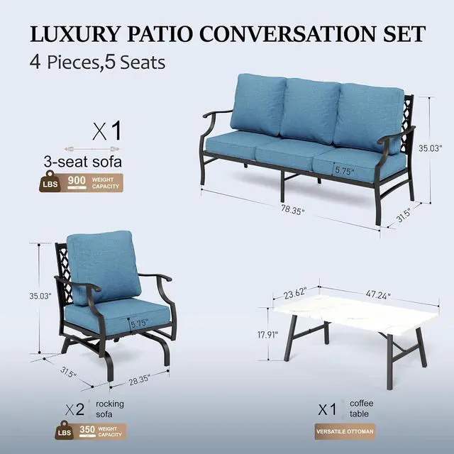 Alt view image 6 of 6 - HERA'S HOUSE 4 PCS Patio Furniture Set, Navy Blue | 5 Seats Size, Navy Blue Rocker Color, CUSHIONED CHAIRS AND SOFA FOR UPGRADED COMFORT5