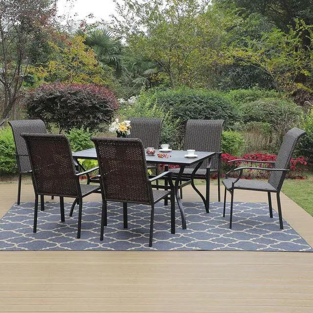 Alt view image 2 of 7 - HERA'S HOUSE 7 Pieces Patio Dining Set, Outdoor Dining Set for 6, 6 x Rattan High Back Dining Chairs, 1 x Rectangular Large Surface Dining Table, for Lawn Garden Backyard Deck