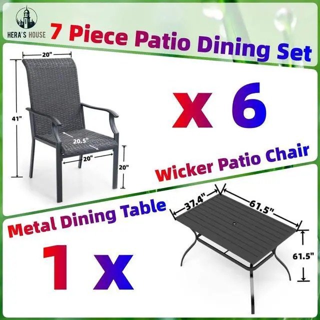 Alt view image 7 of 7 - HERA'S HOUSE 7 Pieces Patio Dining Set, Outdoor Dining Set for 6, 6 x Rattan High Back Dining Chairs, 1 x Rectangular Large Surface Dining Table, for Lawn Garden Backyard Deck