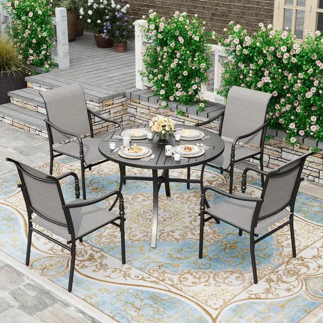 Main image of HERA'S HOUSE Patio Table and Chairs Set 5 Pieces, Outdoor Dining Sets for 4, 1 x 42 Round Metal Table, 4 x Patio Dining Chairs for Backyard Garden Deck Lawn, Grey
