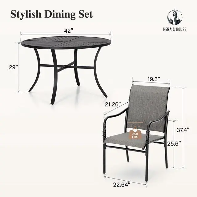 Alt view image 4 of 7 - HERA'S HOUSE Patio Table and Chairs Set 5 Pieces, Outdoor Dining Sets for 4, 1 x 42 Round Metal Table, 4 x Patio Dining Chairs for Backyard Garden Deck Lawn, Grey