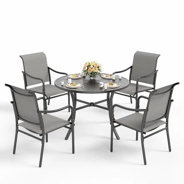 Alt view image 7 of 7 - HERA'S HOUSE Patio Table and Chairs Set 5 Pieces, Outdoor Dining Sets for 4, 1 x 42 Round Metal Table, 4 x Patio Dining Chairs for Backyard Garden Deck Lawn, Grey