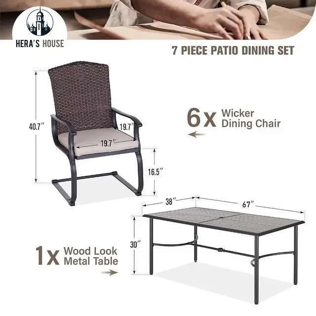 Alt view image 2 of 7 - HERA'S HOUSE Outdoor Dining Table Set, 67" Rectangular Patio Table, 6 High Back C-Spring Wicker Chairs with Removable Cushion, for Patio, Deck, Yard, Porch