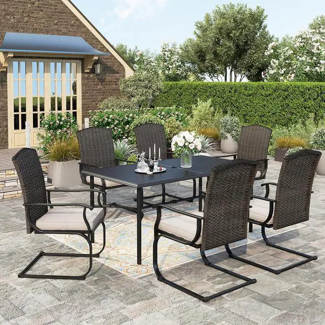 Main image of HERA'S HOUSE Outdoor Dining Table Set, 67" Rectangular Patio Table, 6 High Back C-Spring Wicker Chairs with Removable Cushion, for Patio, Deck, Yard, Porch