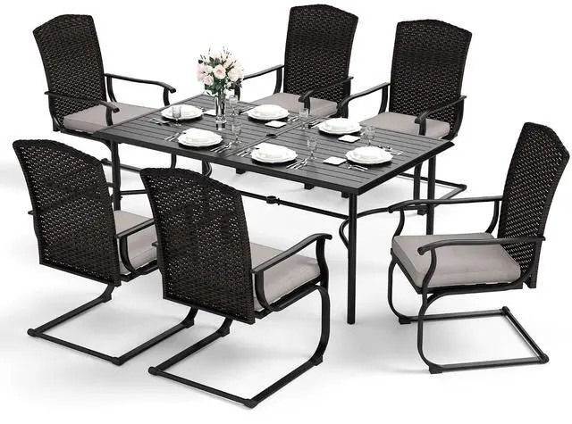Alt view image 7 of 7 - HERA'S HOUSE Outdoor Dining Table Set, 67" Rectangular Patio Table, 6 High Back C-Spring Wicker Chairs with Removable Cushion, for Patio, Deck, Yard, Porch