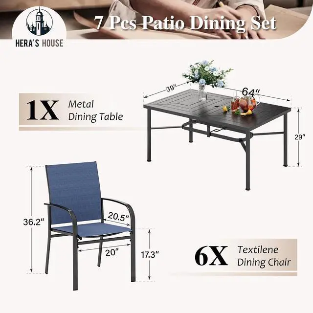 Alt view image 6 of 7 - HERA'S HOUSE 7pc Patio Dining Set for 6, Textilene Chairs, Blue | 64" rectangular metal table with umbrella hole. Waterproof, rust-resistant, all-weather for outdoor backyard, porch