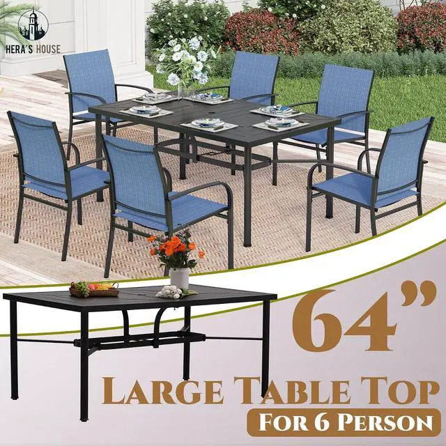 Alt view image 7 of 7 - HERA'S HOUSE 7pc Patio Dining Set for 6, Textilene Chairs, Blue | 64" rectangular metal table with umbrella hole. Waterproof, rust-resistant, all-weather for outdoor backyard, porch