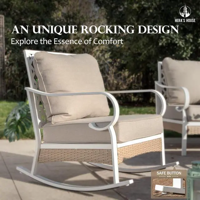 Alt view image 3 of 7 - HERA'S HOUSE 4 Piece Patio Furniture Set, 2 x Rocking Cushioned Chair, 1 x 3-Seat Sofa with Marbling Coffee Table, All Weather Outdoor Conversation Set for Lawn Garden Backyard, Beige