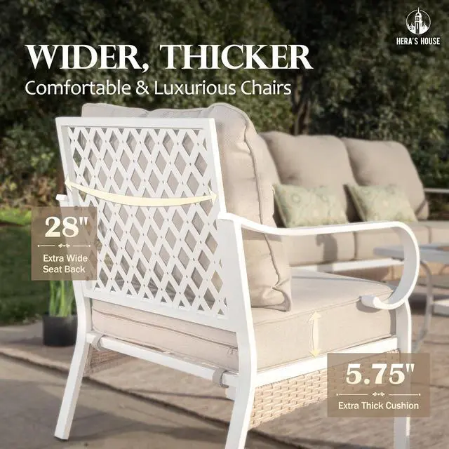 Alt view image 4 of 7 - HERA'S HOUSE 4 Piece Patio Furniture Set, 2 x Rocking Cushioned Chair, 1 x 3-Seat Sofa with Marbling Coffee Table, All Weather Outdoor Conversation Set for Lawn Garden Backyard, Beige