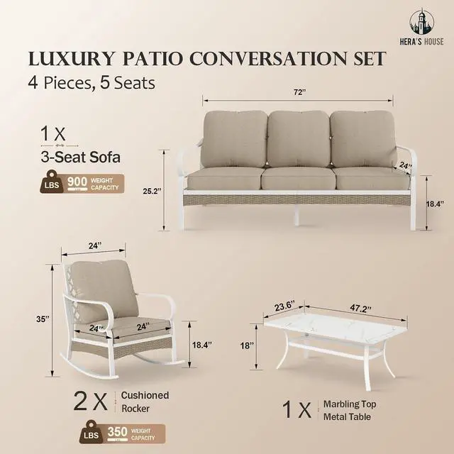 Alt view image 7 of 7 - HERA'S HOUSE 4 Piece Patio Furniture Set, 2 x Rocking Cushioned Chair, 1 x 3-Seat Sofa with Marbling Coffee Table, All Weather Outdoor Conversation Set for Lawn Garden Backyard, Beige