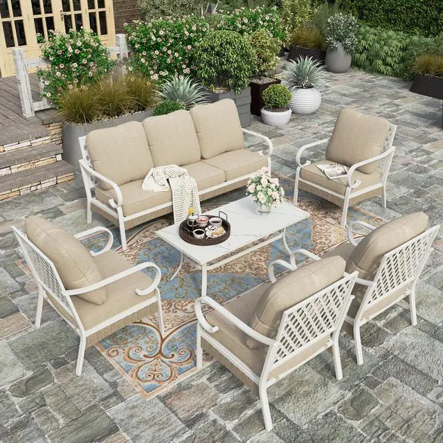 Main image of HERA'S HOUSE 6-Piece Metal Outdoor Conversation Set, 7 Seats | White Frame/beige, Coffee Table, Single chairs could support up to 350lbs