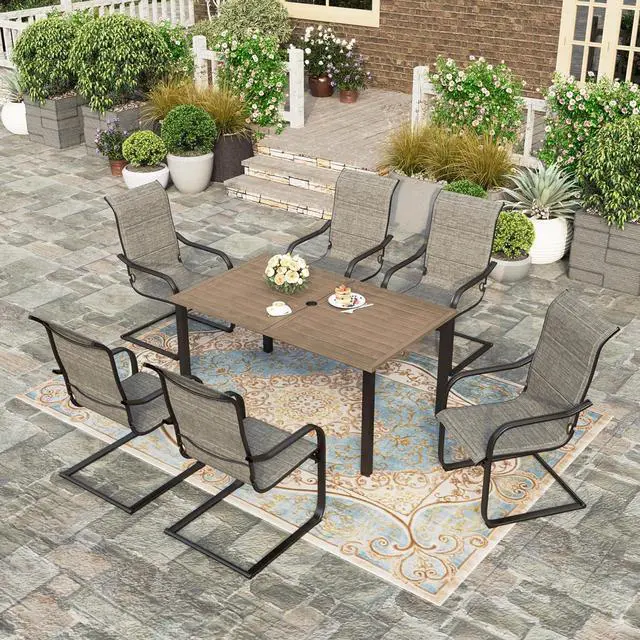 Main image of HERA'S HOUSE 7 Pieces Patio Dining Set, Outdoor Table Chairs Set for 6, 6 x C-Spring Dining Chair, 1 x 60 Wood Look Large Surface Metal Dining Table for Patio, Lawn, Garden, Porch