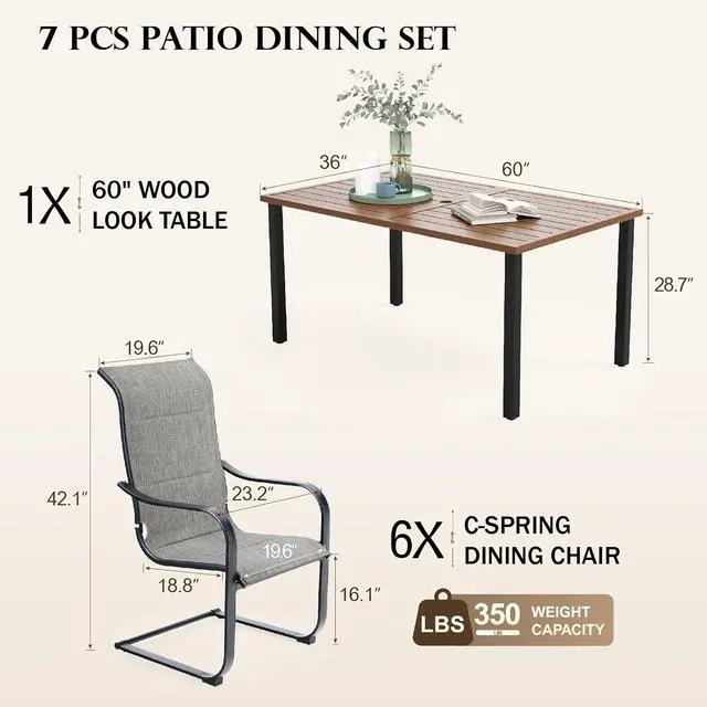 Alt view image 7 of 7 - HERA'S HOUSE 7 Pieces Patio Dining Set, Outdoor Table Chairs Set for 6, 6 x C-Spring Dining Chair, 1 x 60 Wood Look Large Surface Metal Dining Table for Patio, Lawn, Garden, Porch
