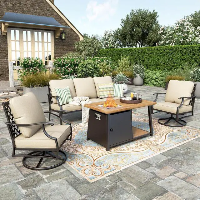 Main image of HERA'S HOUSE 4-Piece Metal Steel Outdoor Conversation Set, Fire Pit Table | 4 Pieces Set, Swivel Chairs + Wood Like Table, Single chairs could support up to 350lbs