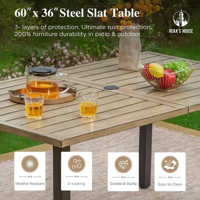 Alt view image 4 of 7 - HERA'S HOUSE 7 Pieces Patio Dining Set, Outdoor Table Chairs Set for 6, 6 x C-Spring Dining Chair, 1 x 60 Wood Look Large Surface Metal Dining Table for Patio, Lawn, Garden, Porch