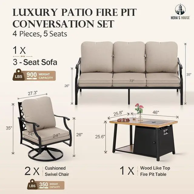 Alt view image 6 of 7 - HERA'S HOUSE 4-Piece Metal Steel Outdoor Conversation Set, Fire Pit Table | 4 Pieces Set, Swivel Chairs + Wood Like Table, Single chairs could support up to 350lbs