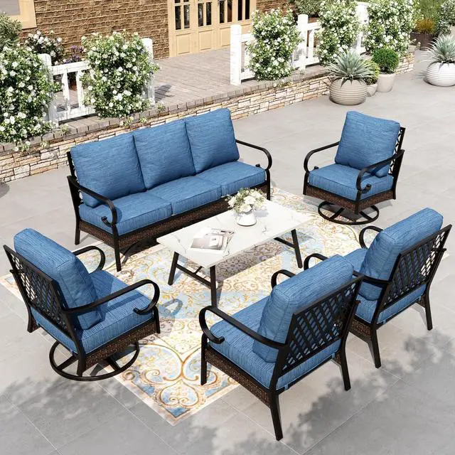 Main image of HERA'S HOUSE 6-Piece Metal Outdoor Conversation Set, 7 Seats | Black Frame/Pacific Blue, Coffee Table, Single chairs could support up to 350lbs