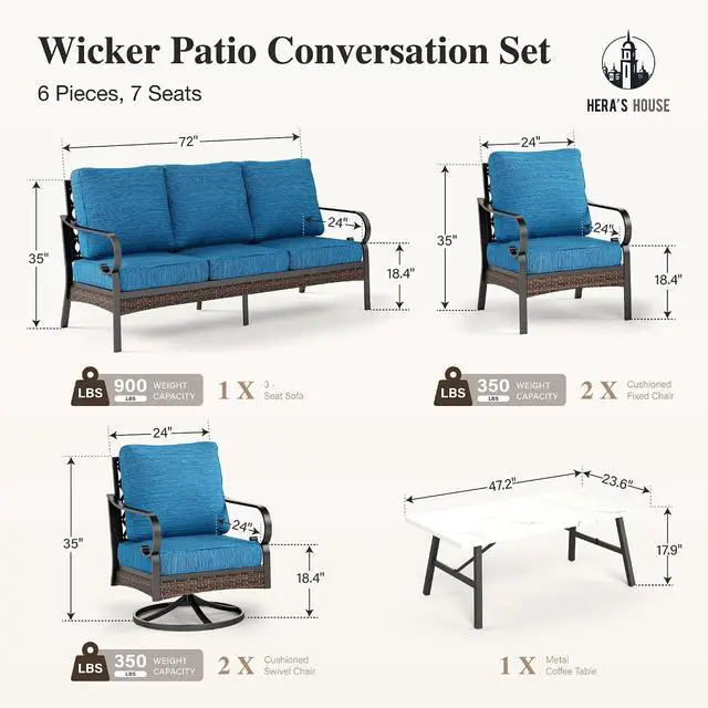 Alt view image 6 of 7 - HERA'S HOUSE 6-Piece Metal Outdoor Conversation Set, 7 Seats | Black Frame/Pacific Blue, Coffee Table, Single chairs could support up to 350lbs