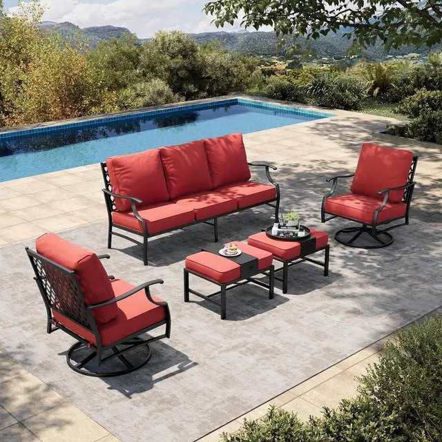 Main image of HERA'S HOUSE 5 Piece Patio Furniture Set, 2 x Swivel Chair, 2 x Ottoman, 1 x 3-Seat Sofa, All Cushioned 7 Seats Metal Outdoor Conversation Set for Lawn Garden Backyard