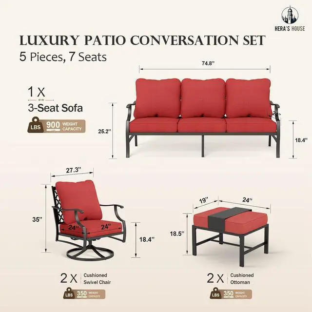 Alt view image 7 of 7 - HERA'S HOUSE 5 Piece Patio Furniture Set, 2 x Swivel Chair, 2 x Ottoman, 1 x 3-Seat Sofa, All Cushioned 7 Seats Metal Outdoor Conversation Set for Lawn Garden Backyard