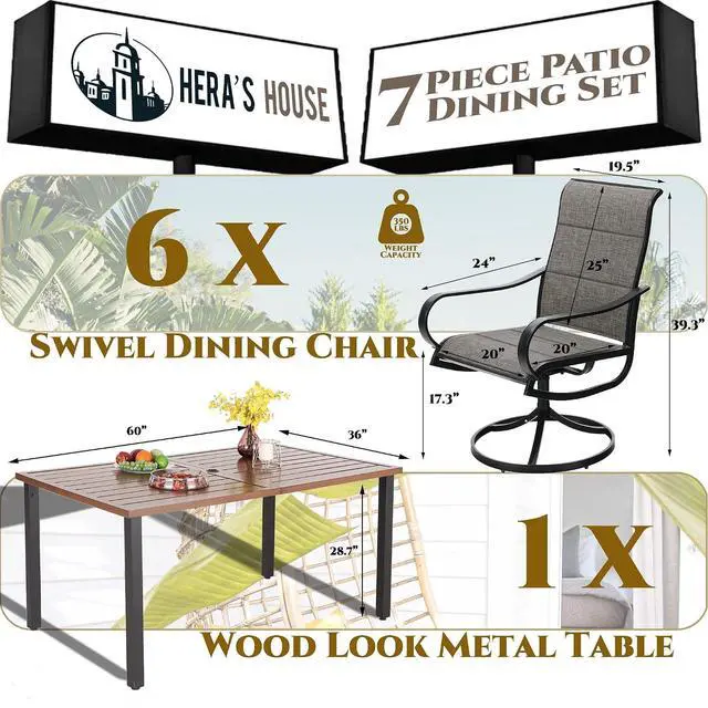 Alt view image 2 of 7 - HERA'S HOUSE 7 Pieces Patio Dining Set, Outdoor Table Chairs Set for 6, 6 x Textilene Padded Swivel Chair, 1 x 60 Modern Metal Dining Table for Patio, Lawn, Garden, Porch