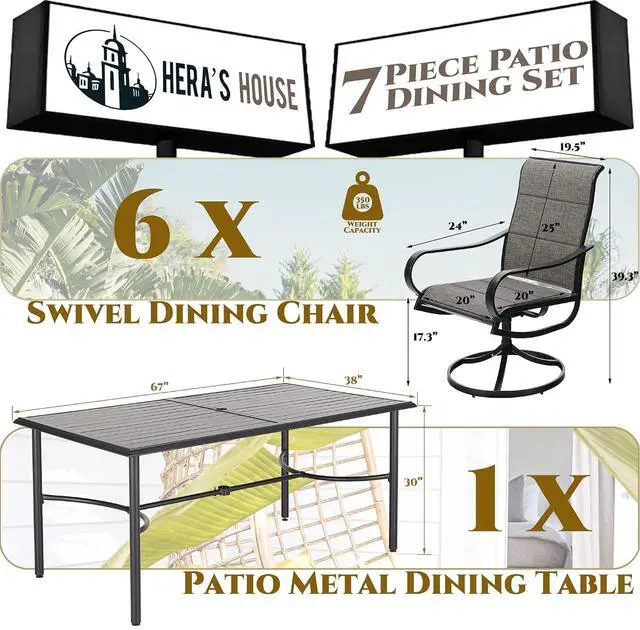 Alt view image 2 of 7 - HERA'S HOUSE 7 Pieces Patio Dining Set, Outdoor Table Chairs Set for 6, 6 x Textilene Padded Swivel Chair, 1 x 67 Modern Metal Dining Table for Patio, Lawn, Garden, Porch