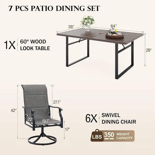 Alt view image 2 of 7 - HERA'S HOUSE 7 Pieces Patio Dining Set, Outdoor Table Chairs Set for 6, 6 x Textilene Padded Swivel Chair, 1 x 64 Modern Metal Dining Table for Patio, Lawn, Garden, Porch