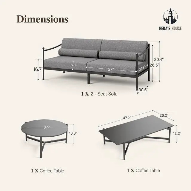 Alt view image 4 of 7 - HERA'S HOUSE Patio Furniture Set, All Weather 5 Pieces Metal Outdoor Conversation Set with Sofa,Chairs and Coffee Table for Lawn, Garden, Backyard, Modern Outdoor Conversation Set for Deck