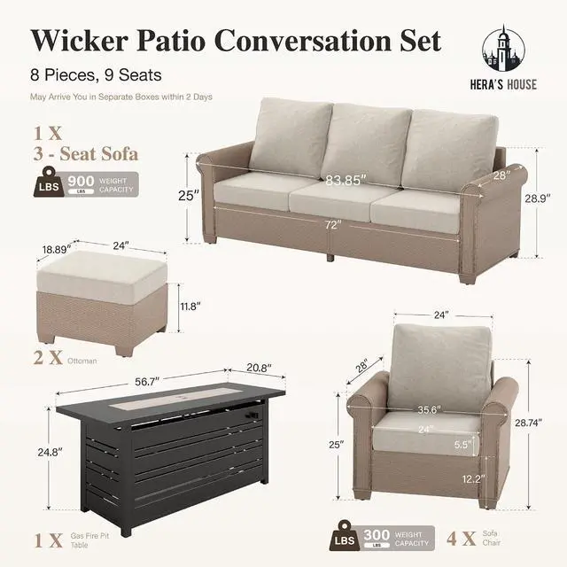 Alt view image 7 of 7 - HERA'S HOUSE 8-Piece Wicker Rattan Patio Conversation Set, 9-Seat, Beige | Ottomans, All-Weather, 5.5-Inch Cushions, 57-Inch Fire Pit Table