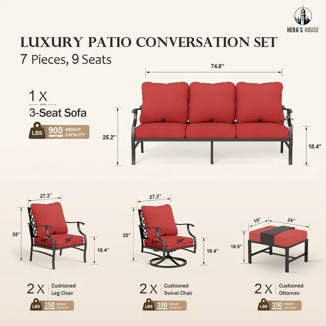 Alt view image 7 of 7 - HERA'S HOUSE 7-Piece Metal Patio Conversation Set, 9-Seat, Swivel Chairs | Red, 2 Swivel Chairs, 2 Chairs, 2 Ottomans, 1 3-Seat Sofa, Ottomans, All-Weather, For Garden, Deck, Backyard
