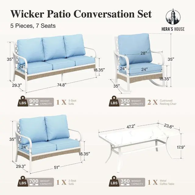 Alt view image 7 of 7 - HERA'S HOUSE 5-Piece Metal Outdoor Conversation Set, 7 Seats | White Frame/blue, Coffee Table, Single chairs could support up to 350lbs
