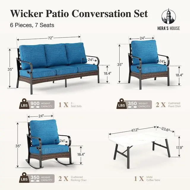 Alt view image 7 of 7 - HERA'S HOUSE 6-Piece Metal Outdoor Conversation Set, 7 Seats | Black Frame/Pacific Blue, Coffee Table, Rocking Chair, Single chairs could support up to 350lbs