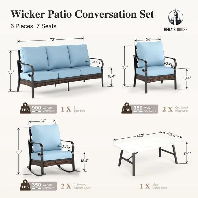 Alt view image 7 of 7 - HERA'S HOUSE 6-Piece Metal Outdoor Conversation Set, 7 Seats | Black Frame/blue, Coffee Table, Rocking Chair, Single chairs could support up to 350lbs