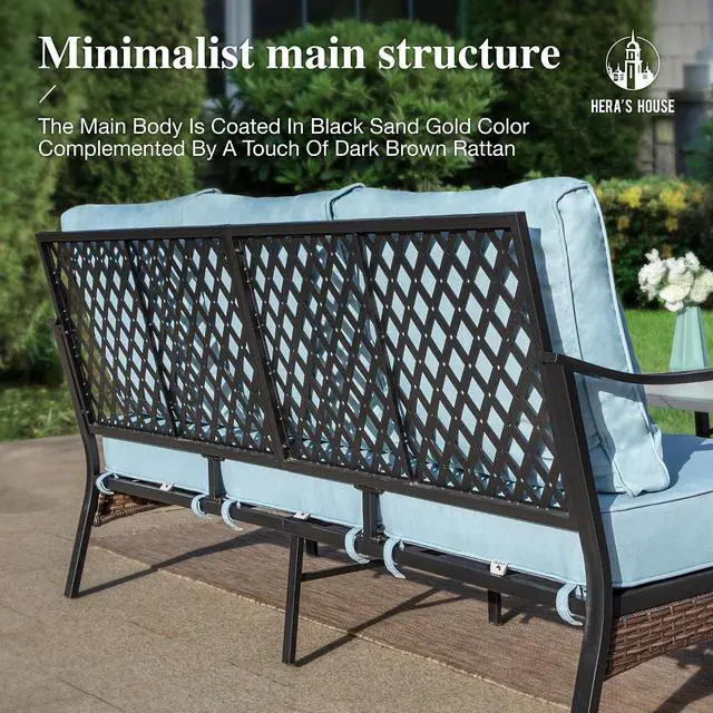 Alt view image 7 of 7 - HERA'S HOUSE 5-Piece Metal Outdoor Conversation Set, 7 Seats | Black Frame/blue, Coffee Table, Single chairs could support up to 350lbs