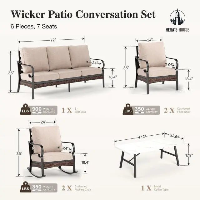 Alt view image 7 of 7 - HERA'S HOUSE 6-Piece Metal Outdoor Conversation Set, 7 Seats | Black Frame/beige, Coffee Table, Rocking Chair, Single chairs could support up to 350lbs