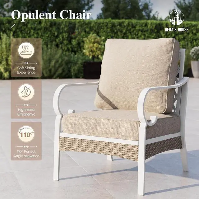 Alt view image 5 of 7 - HERA'S HOUSE 6-Piece Metal Patio Furniture Set, 7 Seats, White Frame/Beige | Coffee Table, Single chairs could support up to 350lbs