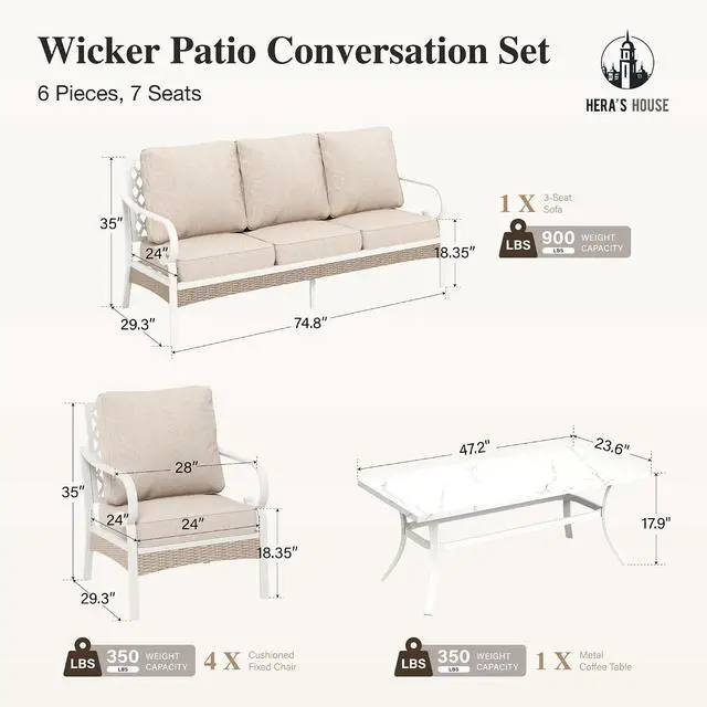 Alt view image 7 of 7 - HERA'S HOUSE 6-Piece Metal Patio Furniture Set, 7 Seats, White Frame/Beige | Coffee Table, Single chairs could support up to 350lbs