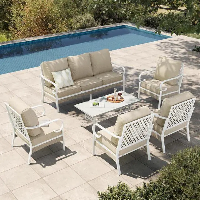 Main image of HERA'S HOUSE 6-Piece Metal Patio Furniture Set, 7 Seats, White Frame/Beige | Coffee Table, Single chairs could support up to 350lbs