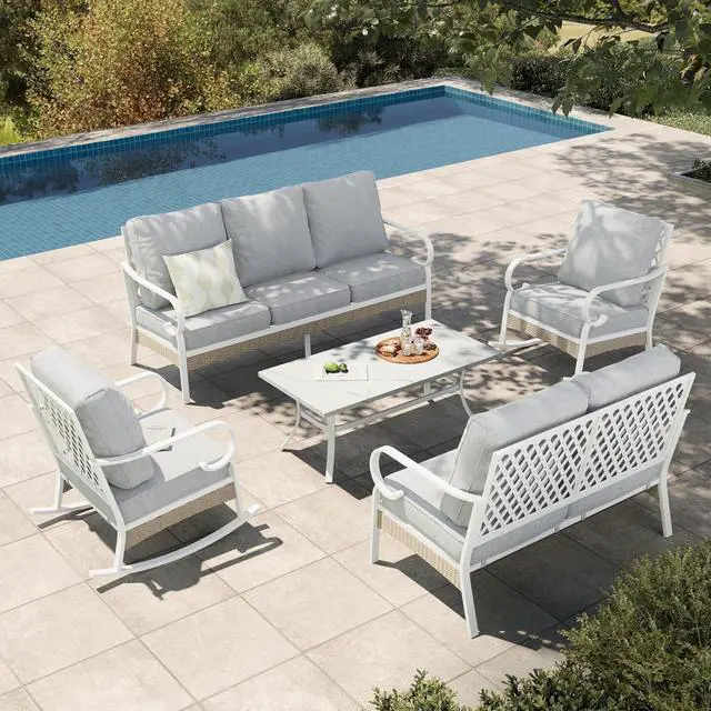 Main image of HERA'S HOUSE 5-Piece Metal Outdoor Conversation Set, 7 Seats | White Frame/Light Gray, Coffee Table, Single chairs could support up to 350lbs